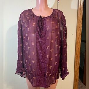 Boutique‎ womens plus size 2X sheer blouse top long sleeve burgundy floral print